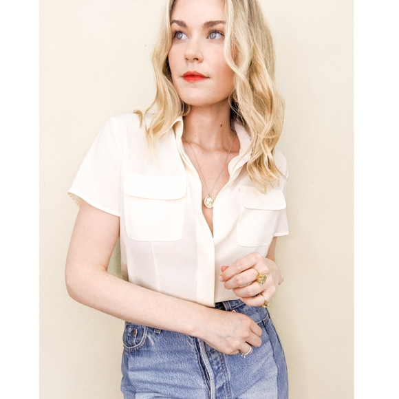 Vintage Tops - 90s Ivory Classic Short Sleeve Button Down Blouse